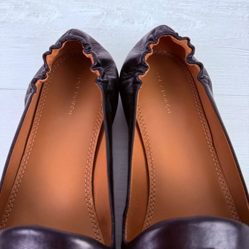 Tory Burch Eleanor Loafers Flats‎ Size 11 Black Leather Gold Logo Classic Chic